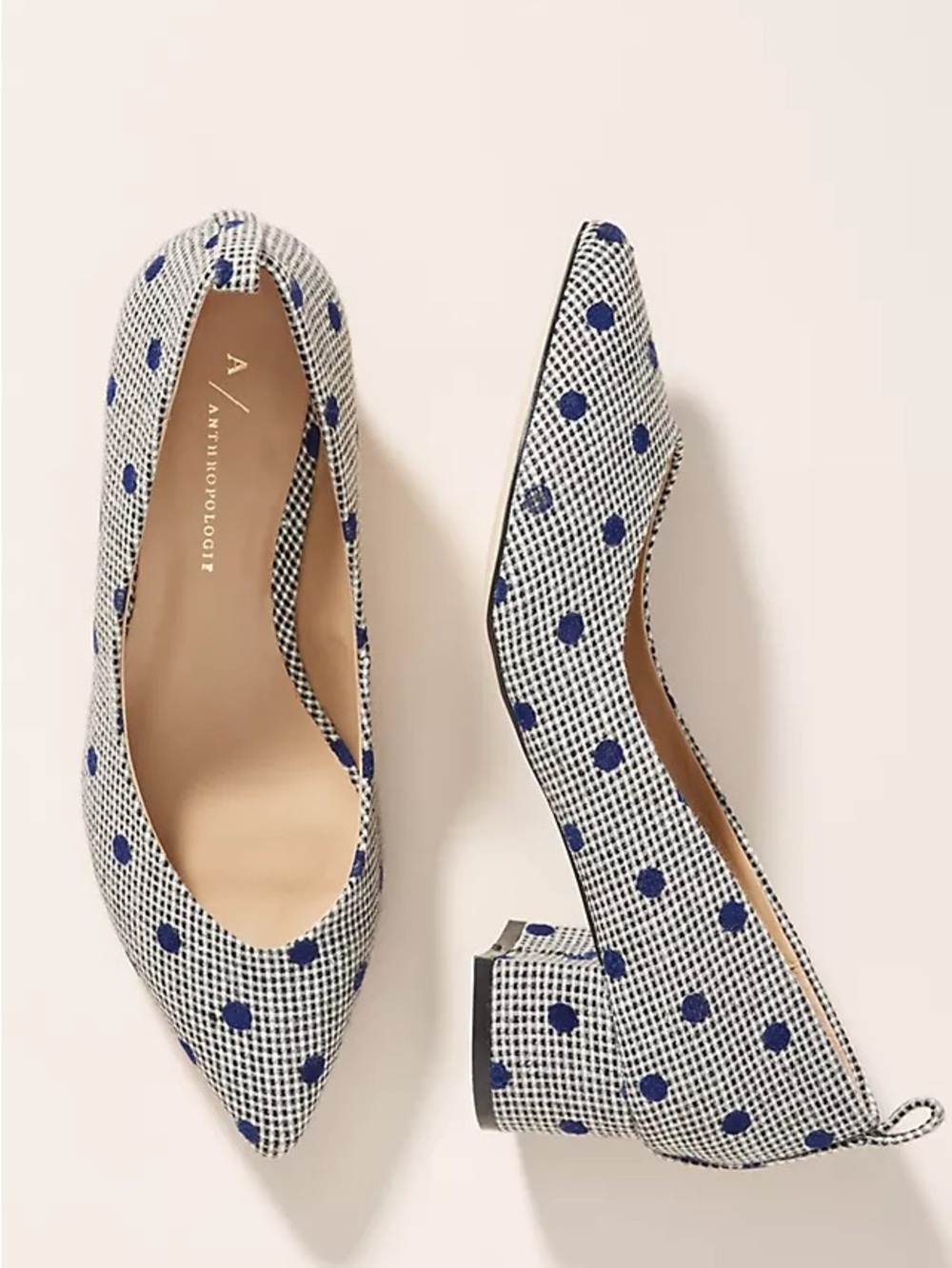 Anthropologie White and Blue Polka Dot Pointed Block Heel Pumps